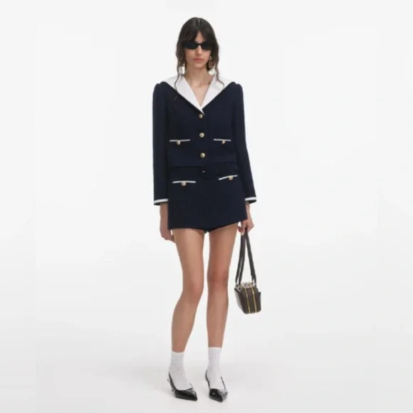 New Self-Portrait Navy and White Tweed Blazer Short Set - Picture 2 of 16